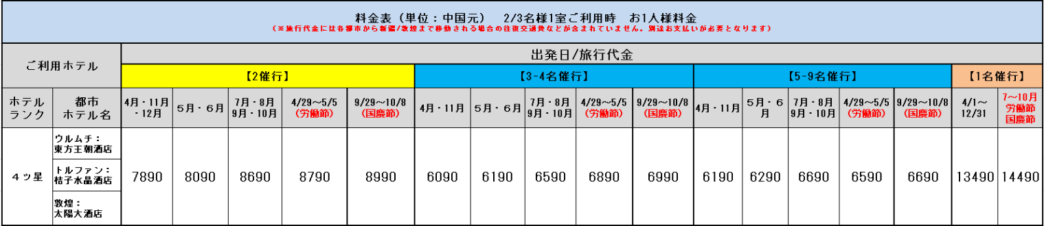 敦煌・ウルムチ・トルファン5日間::ホテル価格表