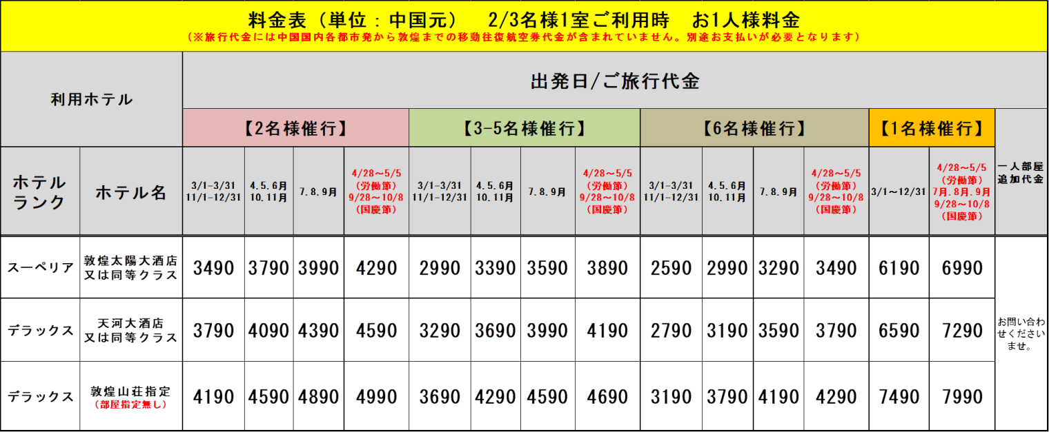 シルクロード　敦煌3日間::ホテル価格表