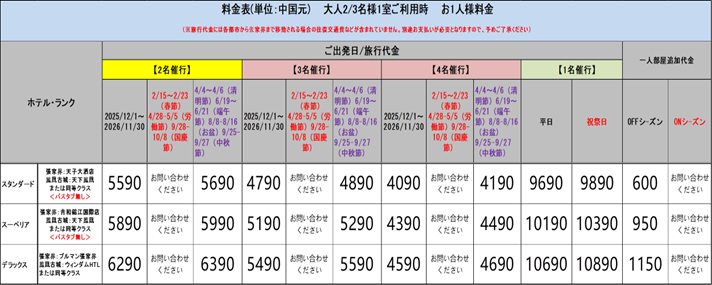 張家界･武陵源・鳳凰4日間::ホテル価格表