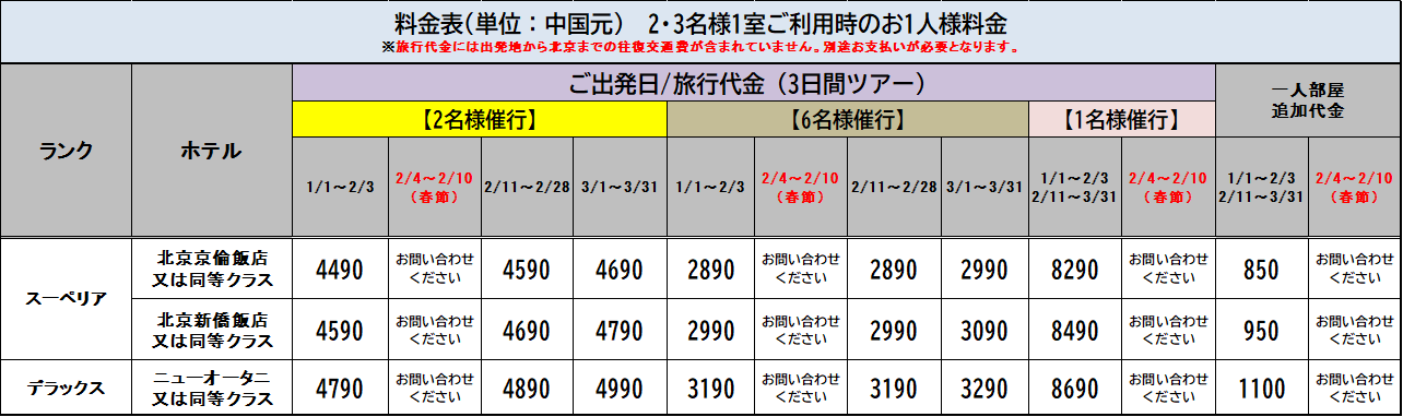 たっぷり！北京３日間::ホテル価格表