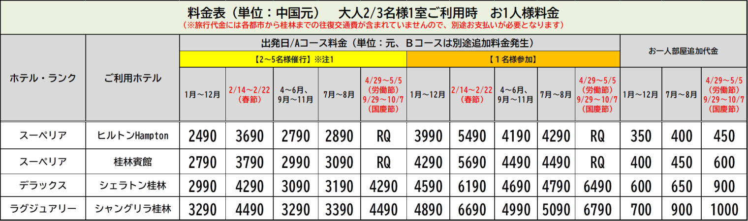 桂林・漓江くだり 2日間::ホテル価格表